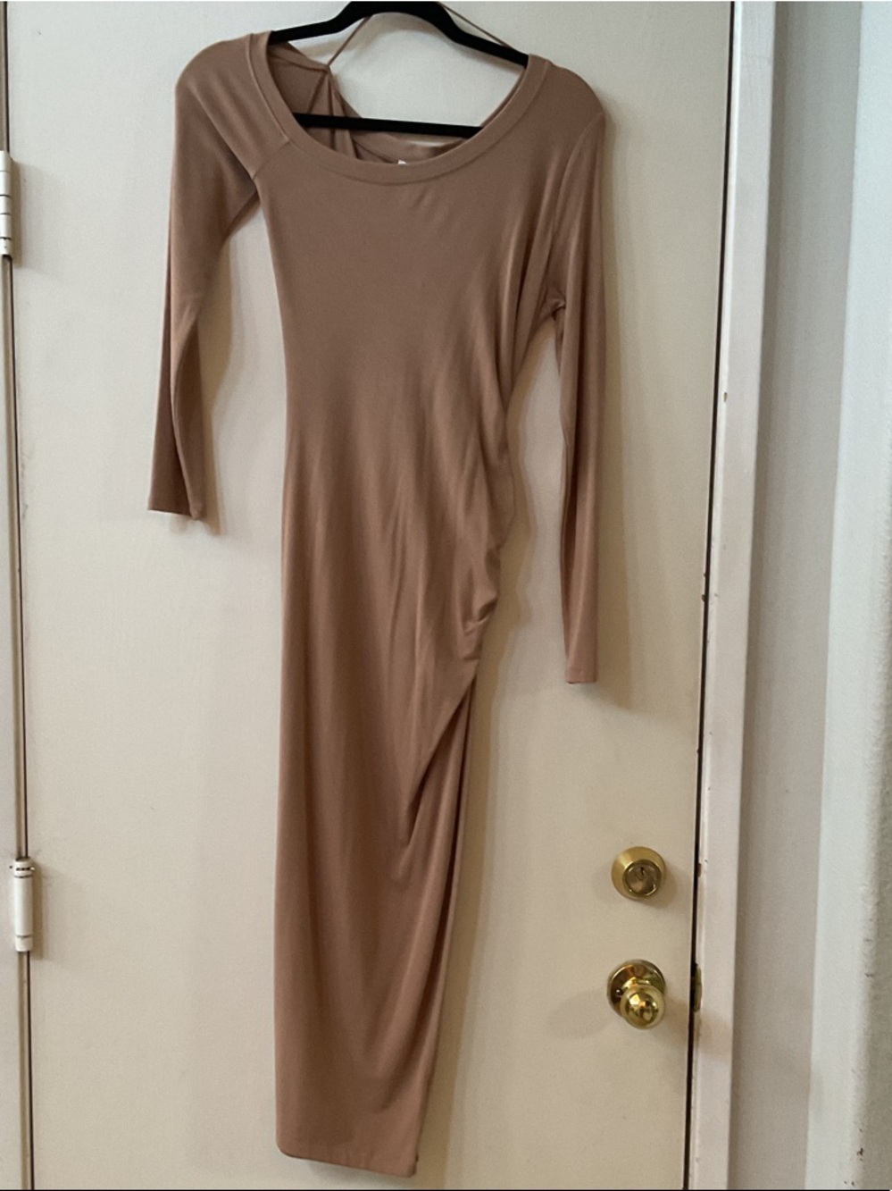 Astr Long Sleeve Midi Dress in Taupe Neutral off shoulder